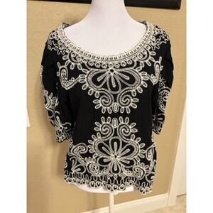 Solitaire Women's Black And White Embroidered Top, XL, Boho
